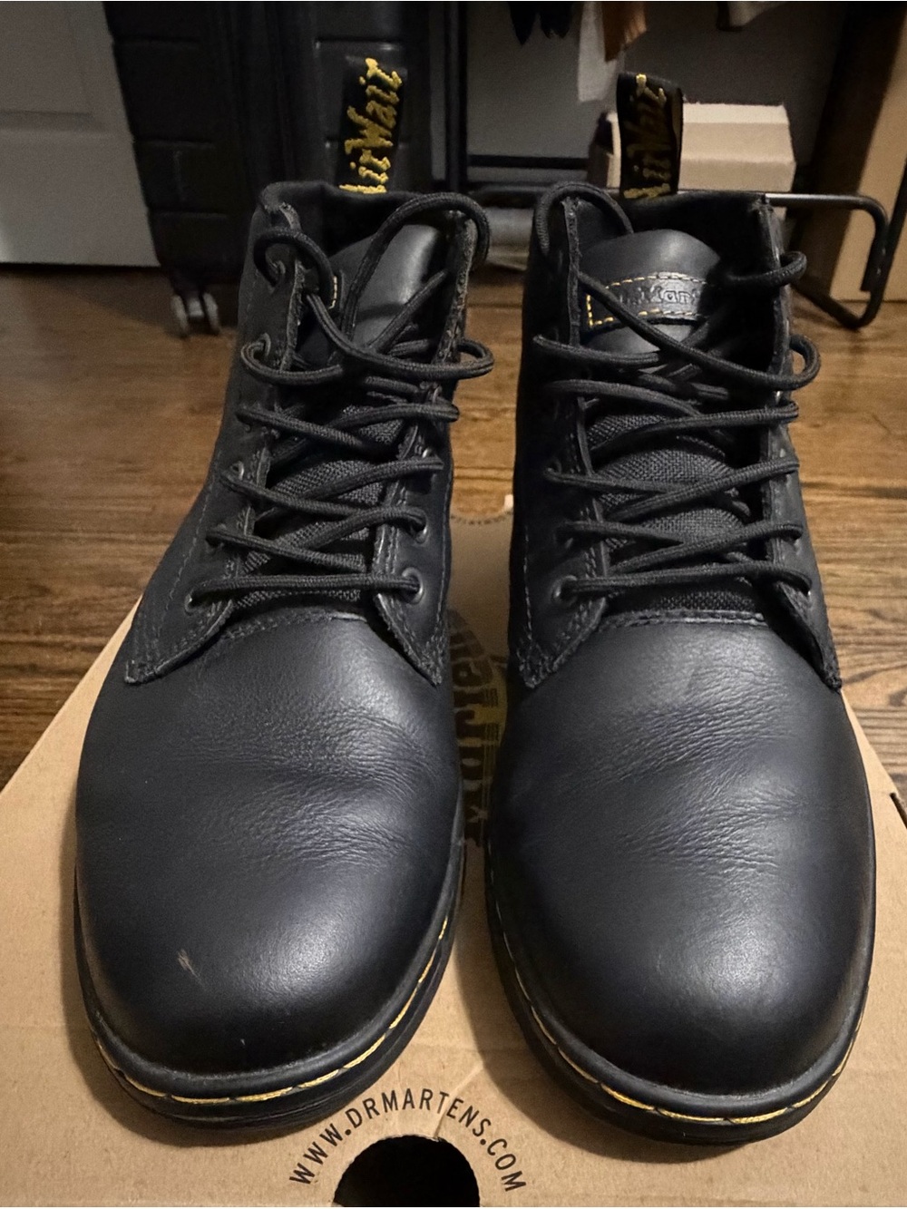 Dr. Martens Black Leather AirWair Work Lace-Up Boots with Yellow Stitching